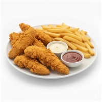Acht krokante, goudbruin gefrituurde crispy tenders (kipstukken), mals van binnen en lekker knapperig van buiten. Geserveerd met knapperige, huisgemaakte, gekruide friet  en huisgemaakte saus naar keuze.
