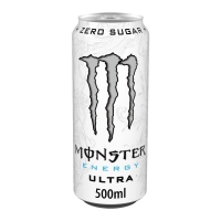 Verfrissend, bruisend energiedrank (Monster Energy Ultra White Zero Sugar 500 mL blik).