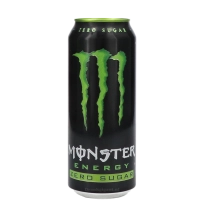 Verfrissend, bruisend energiedrank (Monster Energy The Original Zero Sugar 500 mL blik).